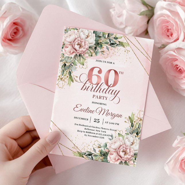 Invitaciones de cumpleaños 60 Blush Pink Rose Gold (Blush Pink Rose Gold Floral 60th Birthday Invitation)