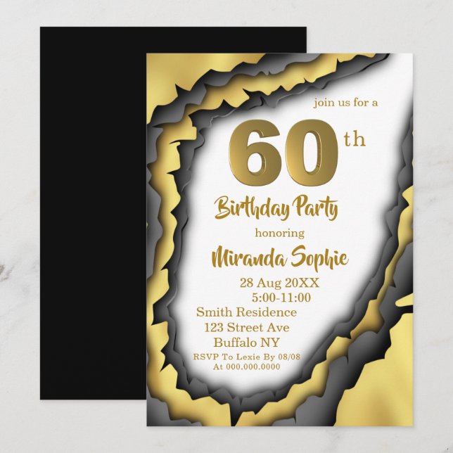 Invitaciones de cumpleaños 60 de Black and Gold Ag (Anverso / Reverso)