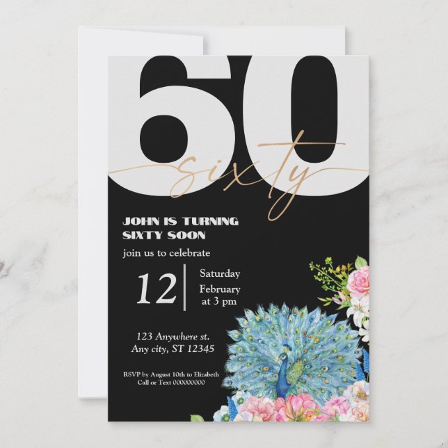 Invitaciones de cumpleaños 60 de Black Peacock (Anverso)
