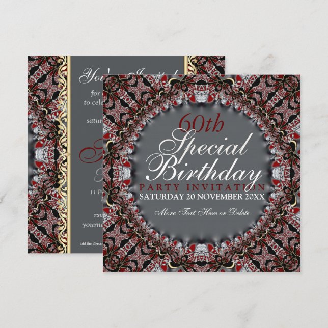 Invitaciones de cumpleaños 60 de Red Batik Diamond (Anverso / Reverso)