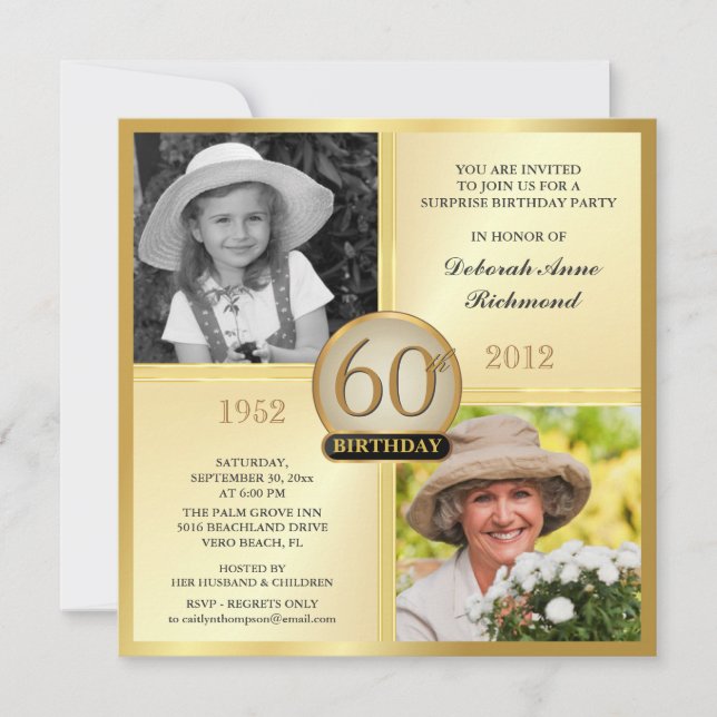Invitaciones de cumpleaños 60 y ahora Gold 2 fotos (Anverso)