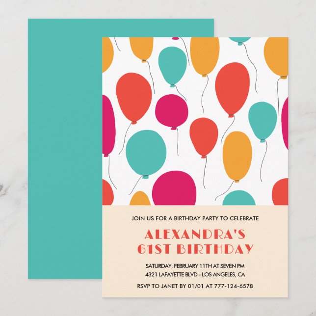 invitaciones de cumpleaños 61st globos Colorido (Anverso / Reverso)