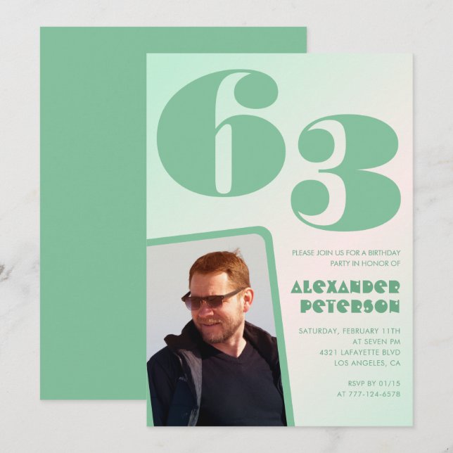 Invitaciones de cumpleaños 63 con gradiente verde  (Anverso / Reverso)