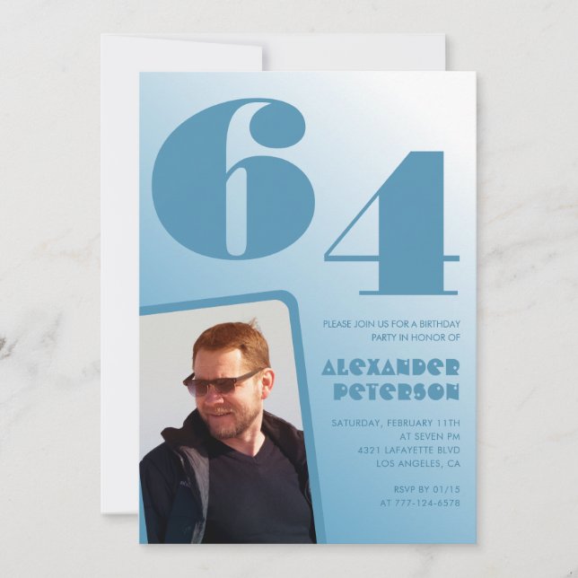 Invitaciones de cumpleaños 64 con gradiente azul H (Anverso)
