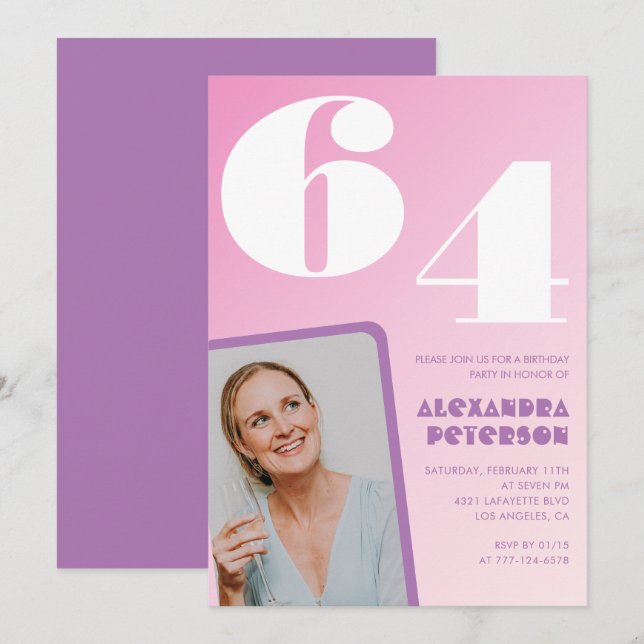 Invitaciones de cumpleaños 64 Pink Groovy Retro Fo (Anverso / Reverso)