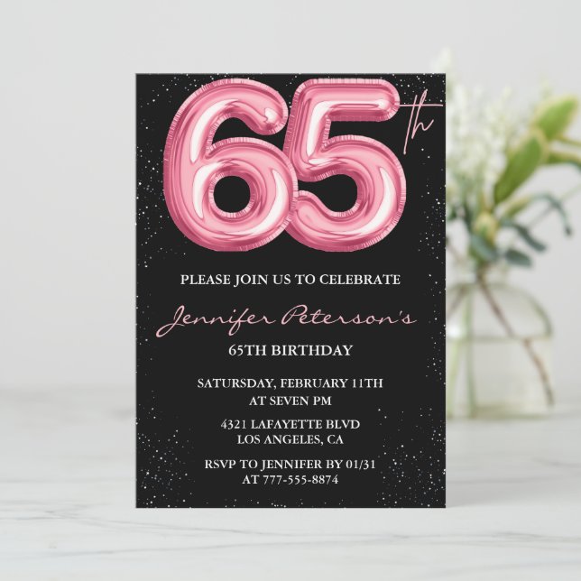 Invitaciones de cumpleaños 65 negras Globo Glam Pi (Anverso de pie)