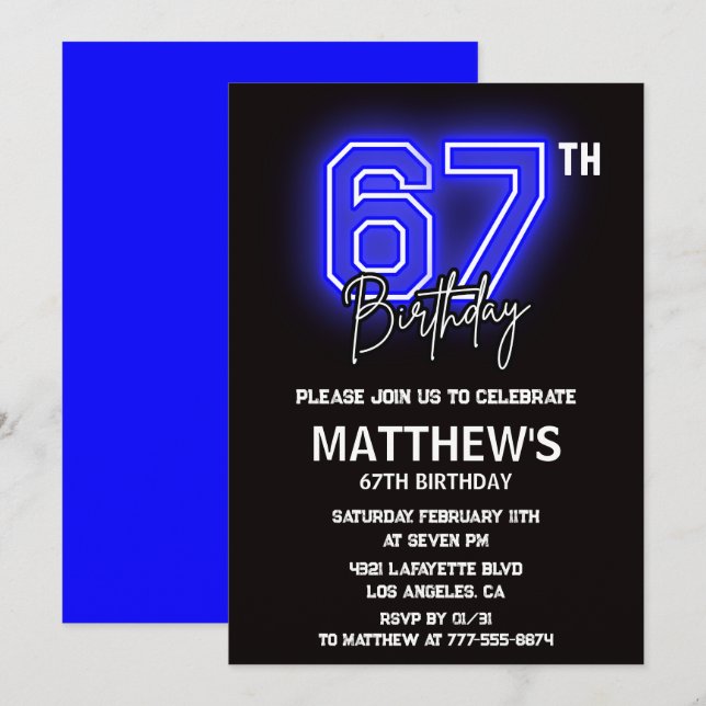 invitaciones de cumpleaños 67 Neon Negro Hombres D (Anverso / Reverso)