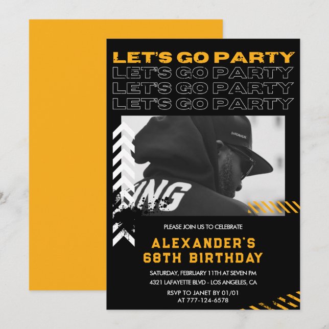 Invitaciones de cumpleaños 68 negras para hombres  (Anverso / Reverso)