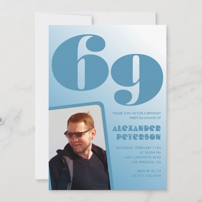 Invitaciones de cumpleaños 69 con gradiente azul H (Anverso)