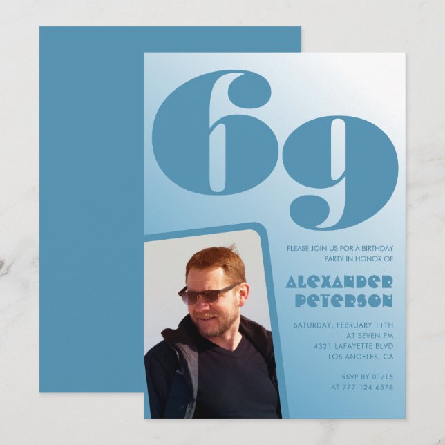 Invitaciones de cumpleaños 69 con gradiente de fot (Anverso / Reverso)