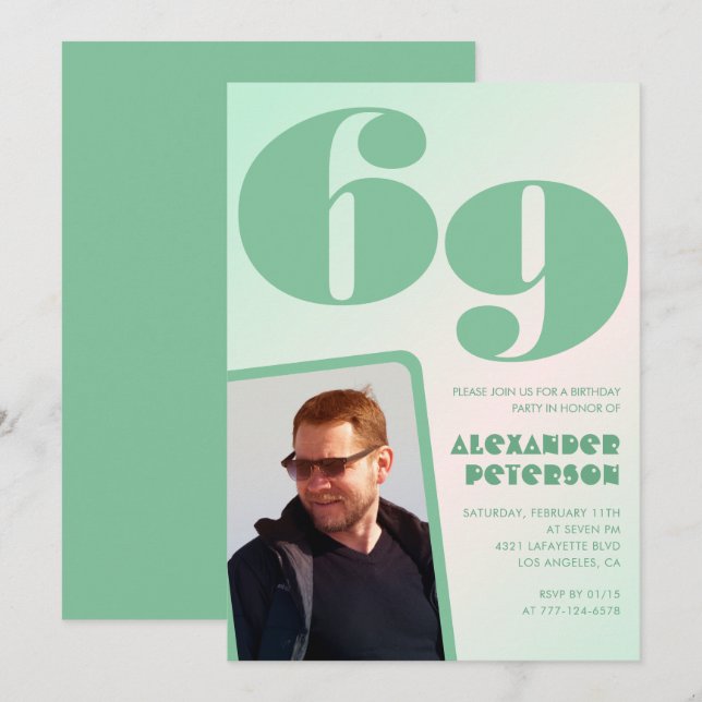 invitaciones de cumpleaños 69 con gradiente verde  (Anverso / Reverso)