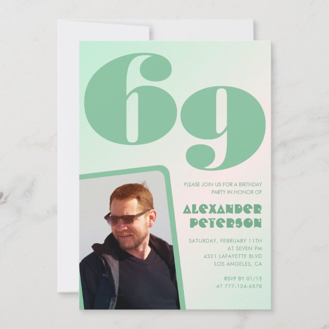 Invitaciones de cumpleaños 69 con gradiente verde  (Anverso)