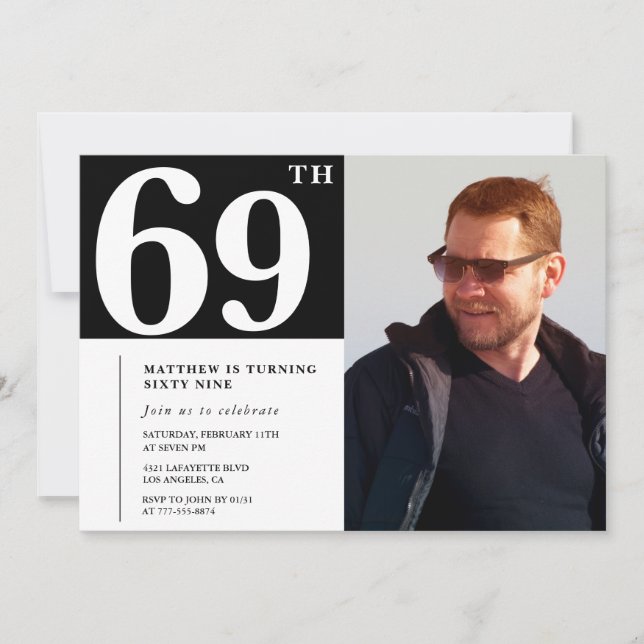 Invitaciones de cumpleaños 69 en blanco y negro (Anverso)
