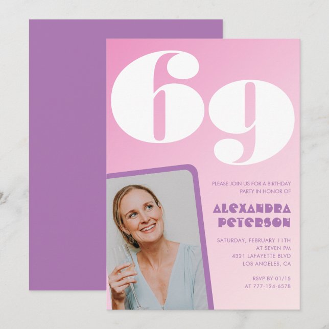 Invitaciones de cumpleaños 69 Pink Groovy Retro Fo (Anverso / Reverso)