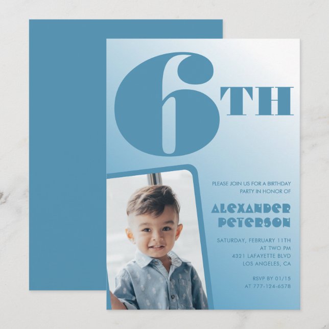 Invitaciones de cumpleaños 6 con gradiente azul Fo (Anverso / Reverso)