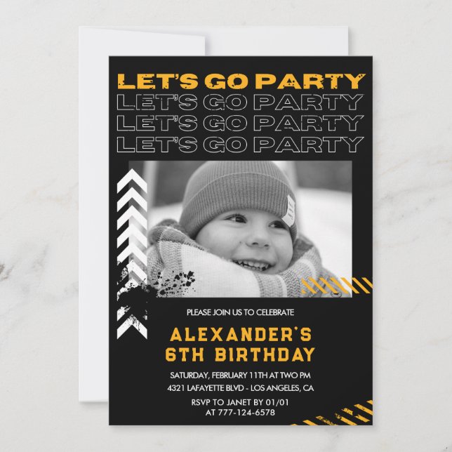 Invitaciones de cumpleaños 6 negro Niño Foto Spray (Anverso)