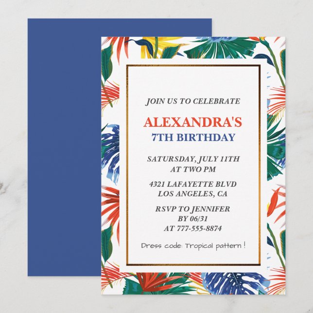 Invitaciones de cumpleaños 7º elegantes Fiesta Tro (Anverso / Reverso)