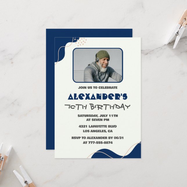 invitaciones de cumpleaños 70 hombres Navy Simple  (Anverso/Reverso In Situ)
