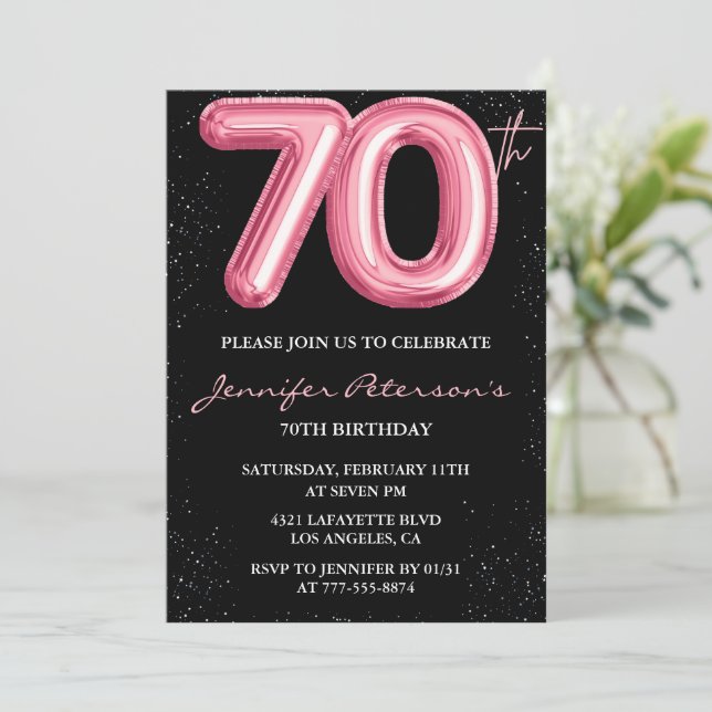 Invitaciones de cumpleaños 70 negras Globo Glam Ro (Anverso de pie)