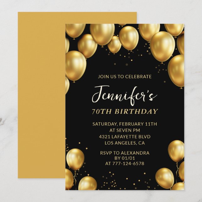 Invitaciones de cumpleaños 70 negras Globos Confet (Anverso / Reverso)