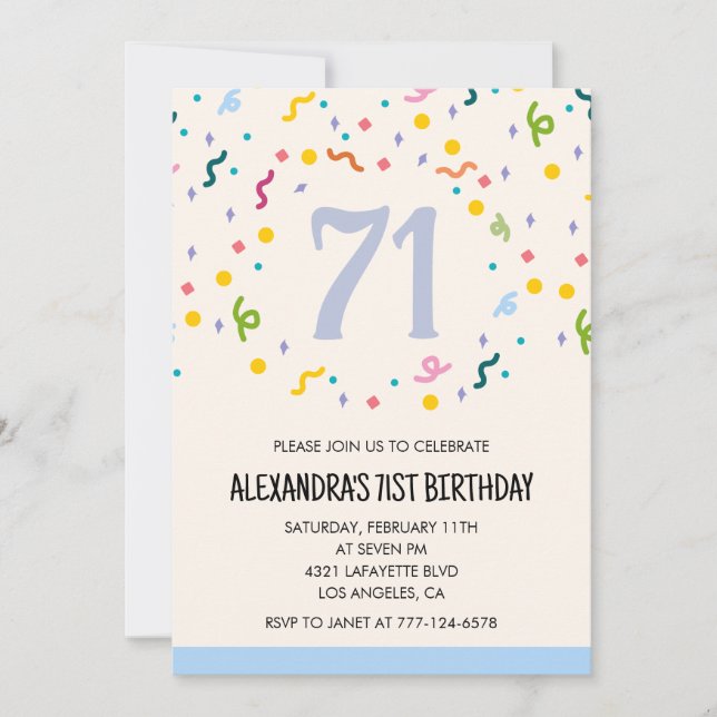 Invitaciones de cumpleaños 71 modernas simples con (Anverso)