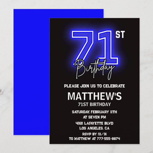 Invitaciones de cumpleaños 71 Neon Black Hombres D (Anverso / Reverso)