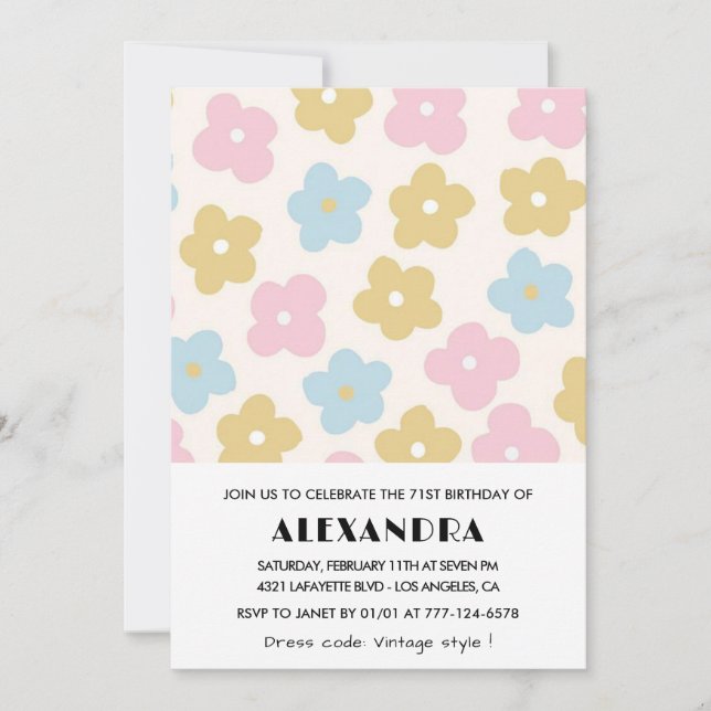 Invitaciones de cumpleaños 71 Retro Floral (Anverso)