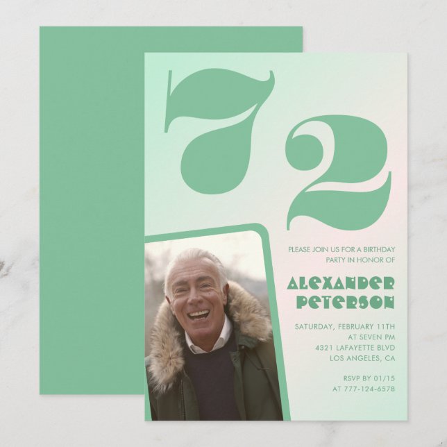 Invitaciones de cumpleaños 72 con gradiente verde  (Anverso / Reverso)