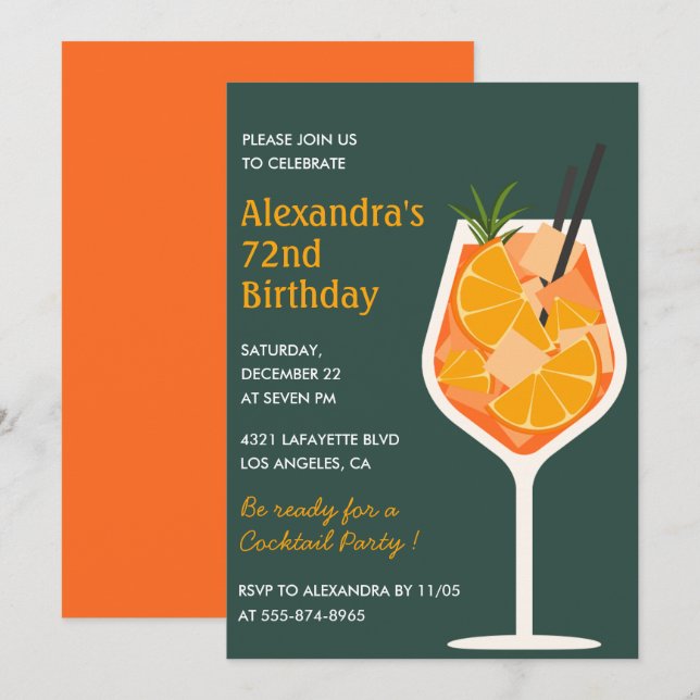 invitaciones de cumpleaños 72 elegantes cóctel mod (Anverso / Reverso)