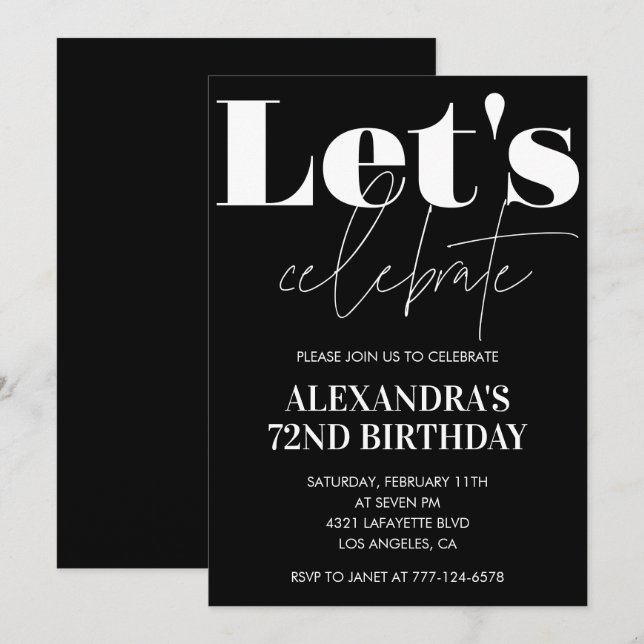 Invitaciones de cumpleaños 72 negras Tipografía Ne (Anverso / Reverso)