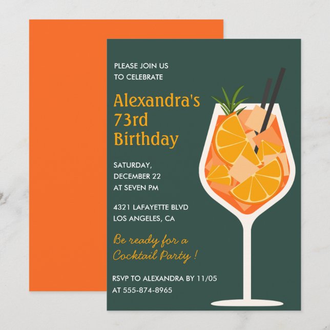 Invitaciones de cumpleaños 73 elegantes cóctel mod (Anverso / Reverso)