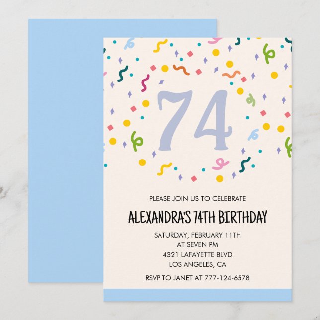 Invitaciones de cumpleaños 74 modernas simples con (Anverso / Reverso)