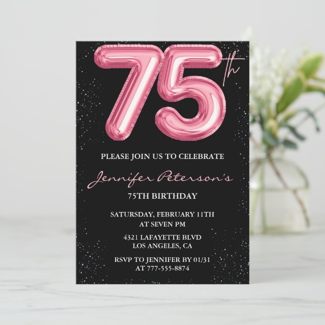 Invitaciones de cumpleaños 75 negras Globo Glam Ro (Anverso de pie)