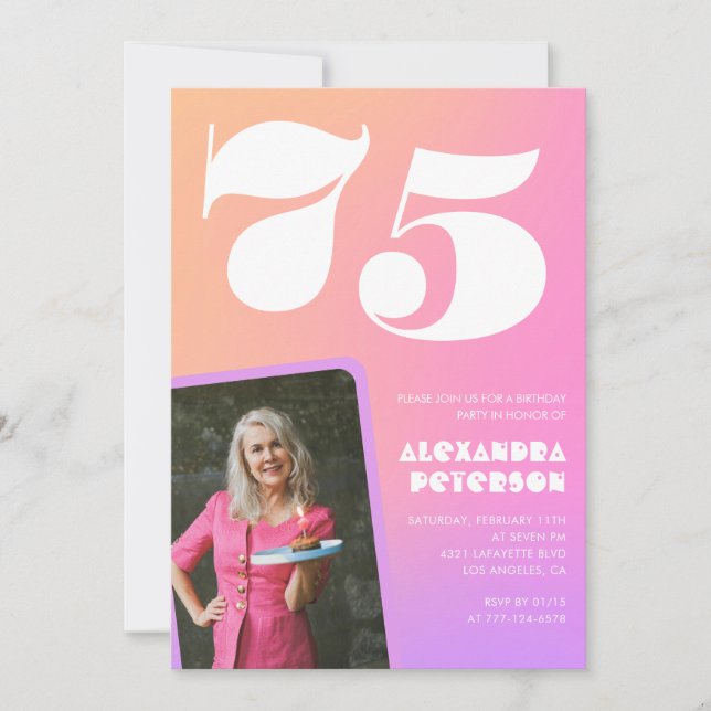 Invitaciones de cumpleaños 75 rosa para ella Foto  (Anverso)