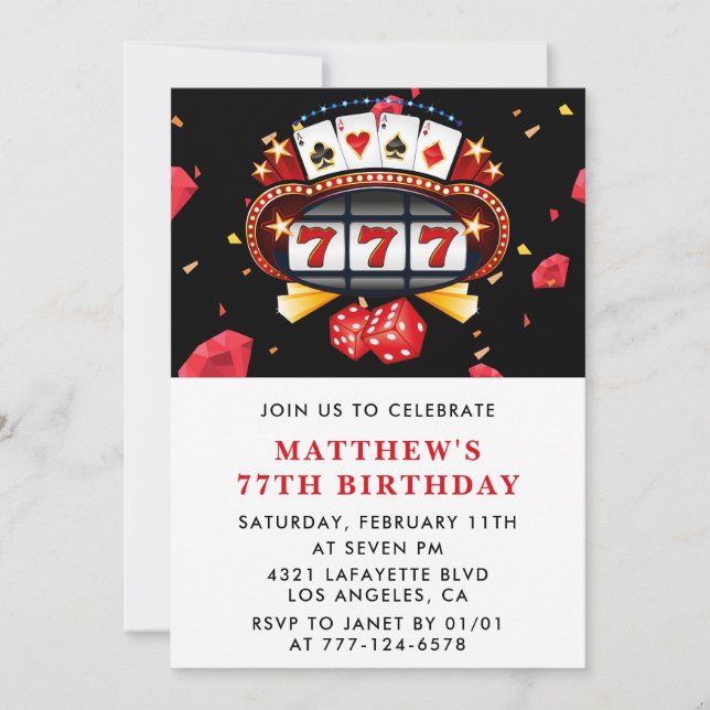 invitaciones de cumpleaños 77 Casino tema Poker Ro (Anverso)