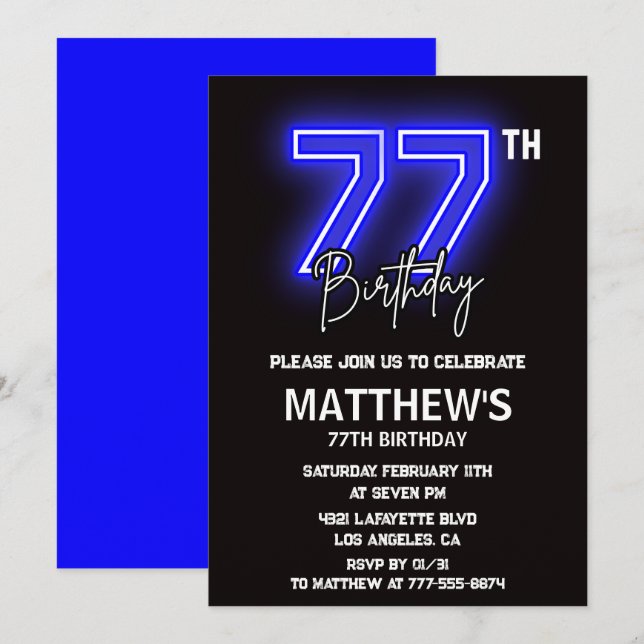 invitaciones de cumpleaños 77 Neon Black Hombres D (Anverso / Reverso)