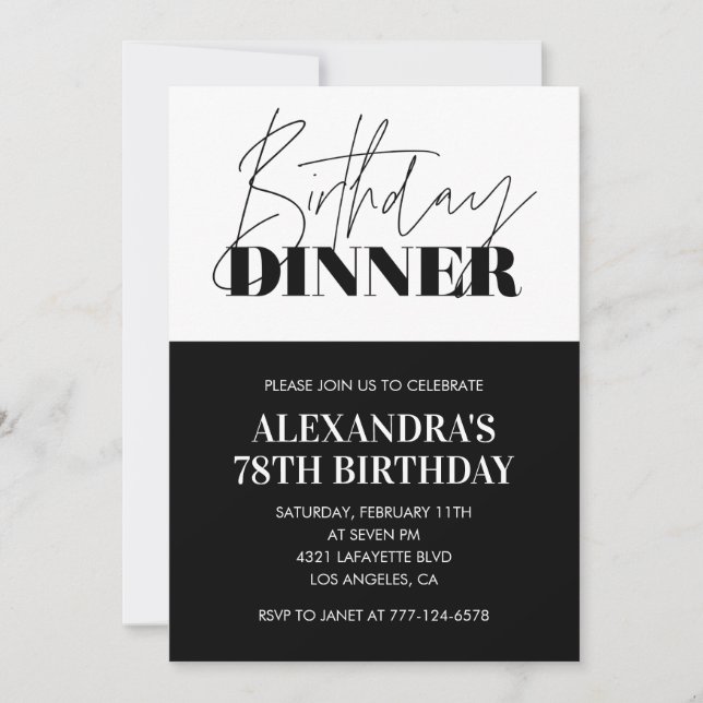 Invitaciones de cumpleaños 78 cena en blanco y neg (Anverso)