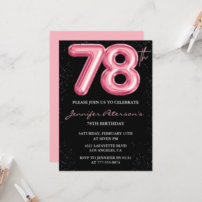 Invitaciones de cumpleaños 78 de Black Pink Globo  (Anverso/Reverso In Situ)