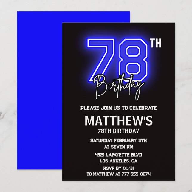 Invitaciones de cumpleaños 78 Hombres Deporte Neon (Anverso / Reverso)
