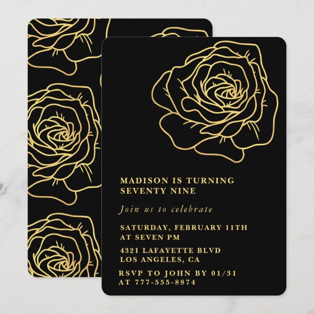 Invitaciones de cumpleaños 79 negras Floral dorado (Anverso / Reverso)