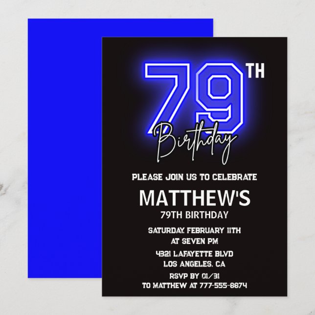 invitaciones de cumpleaños 79 Neon Negro Hombres D (Anverso / Reverso)
