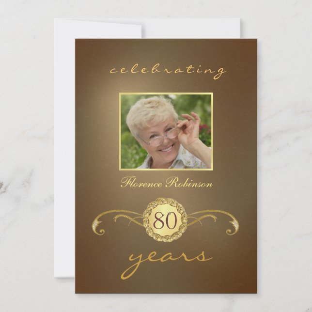 Invitaciones de cumpleaños 80 - Monograma de oro a (Anverso)