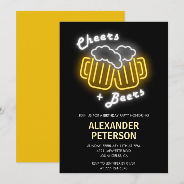 Invitaciones de cumpleaños 80 negras Cerveza Neon (Anverso / Reverso)