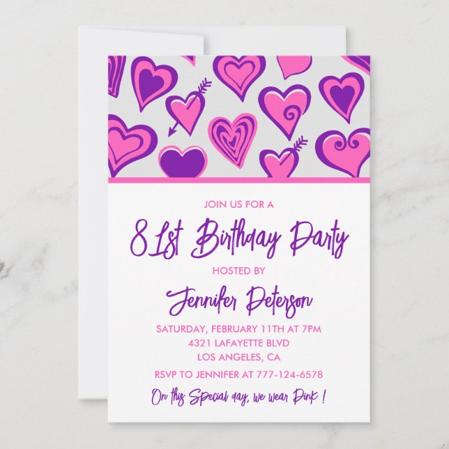 invitaciones de cumpleaños 81 con patrón de corazó (Anverso)