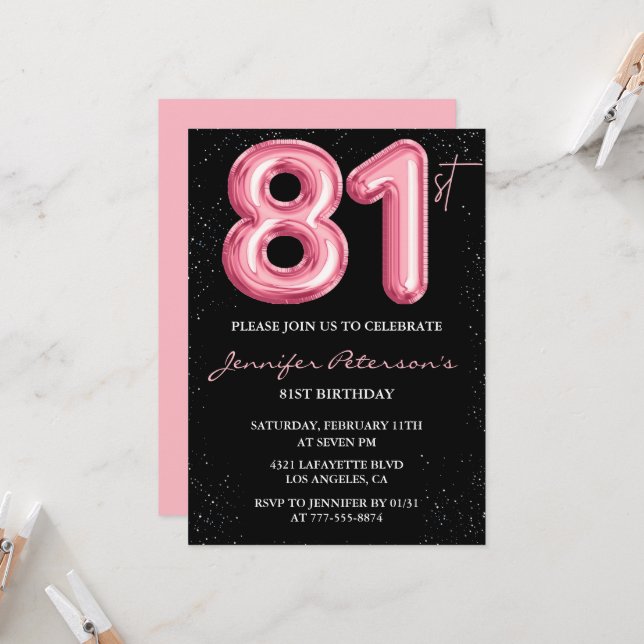 Invitaciones de cumpleaños 81 de Black Pink Globo  (Anverso/Reverso In Situ)