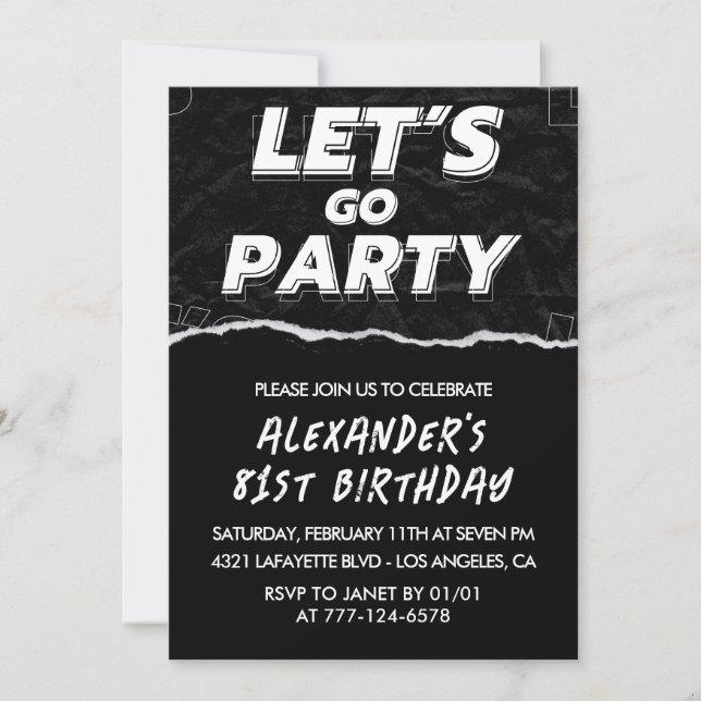 Invitaciones de cumpleaños 81 negro Hombres Blanco (Anverso)
