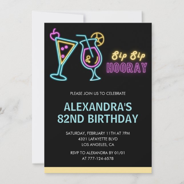 invitaciones de cumpleaños 82 negras Cocktail Neon (Anverso)