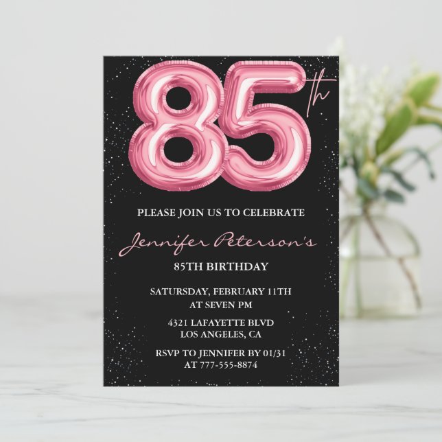 Invitaciones de cumpleaños 85 negras Globo Glam Ro (Anverso de pie)