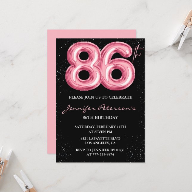 invitaciones de cumpleaños 86 de Black Pink Globo  (Anverso/Reverso In Situ)