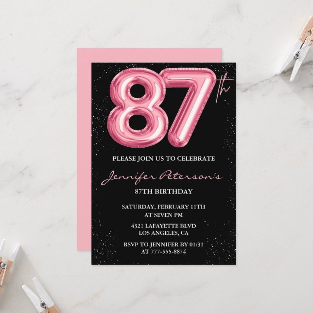 invitaciones de cumpleaños 87 de Black Pink Globo  (Anverso/Reverso In Situ)